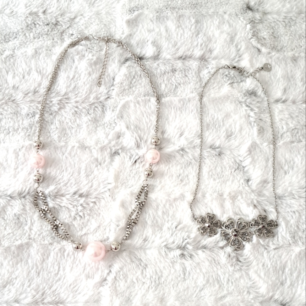 Lauren Conrad Barbie silver floral pink pearl neclaces.